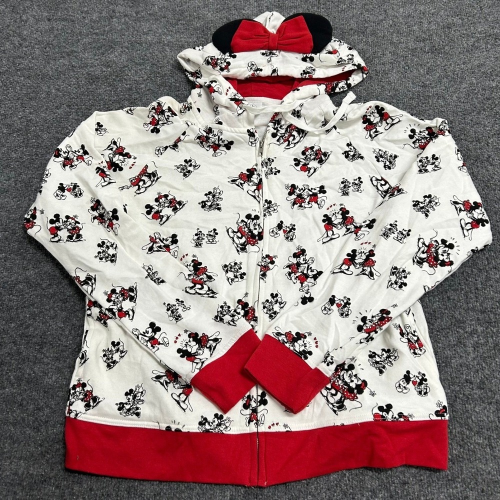 Disney Hoodie Womens Size XL White Mickey Minnie Mouse All Over Print Zip Up